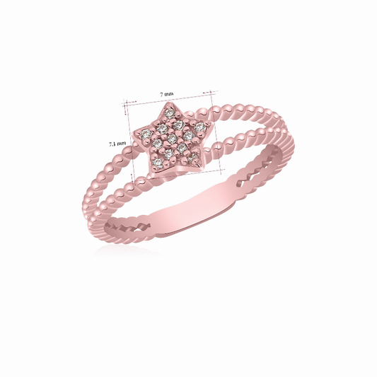 UNICORNJ 14K Rose Gold Double Band Beaded Ring with Pave CZ Star Accent Italy