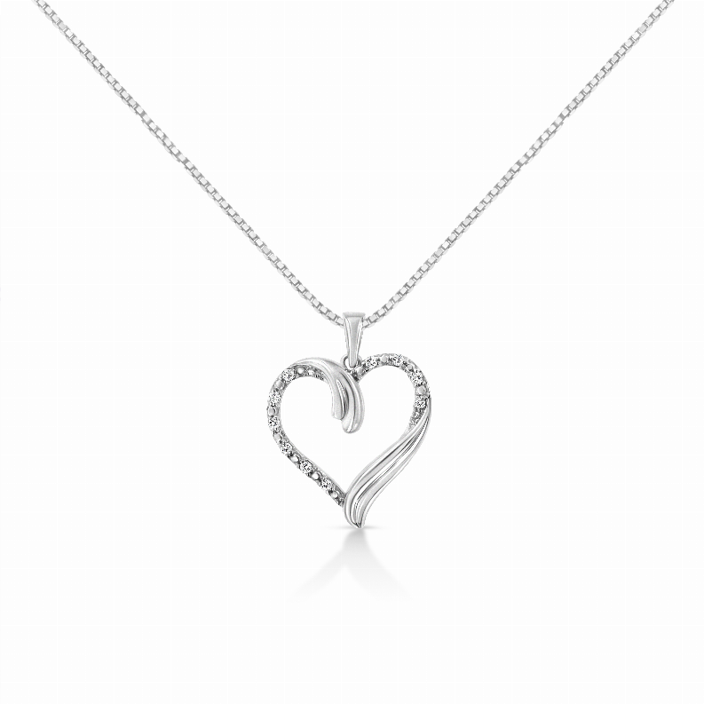 .925 Sterling Silver 1/10 Carat Total Weight Prong-Set Round Cut Diamond Open Heart 18" Pendent Necklace