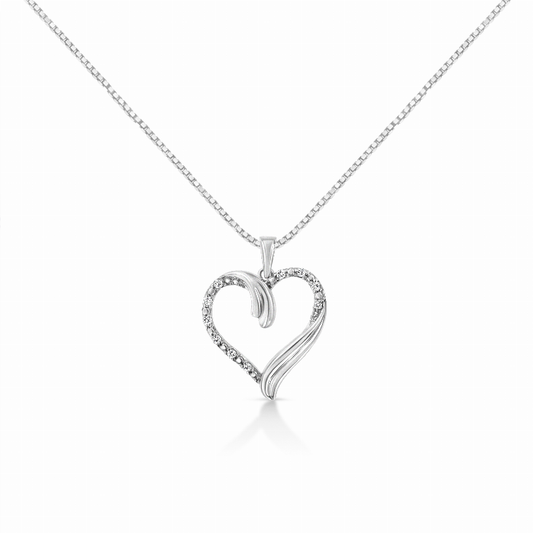 .925 Sterling Silver 1/10 Carat Total Weight Prong-Set Round Cut Diamond Open Heart 18" Pendent Necklace