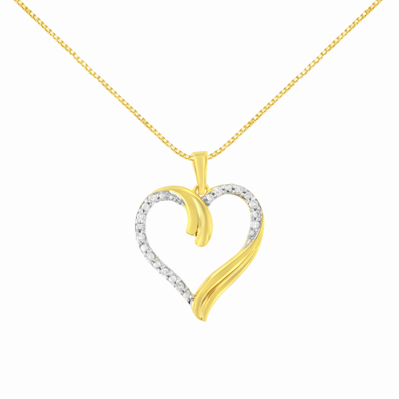 10K Yellow Gold Plated .925 Sterling Silver 1/10 Carat Total Weight Diamond Open Heart 18" Pendent Necklace