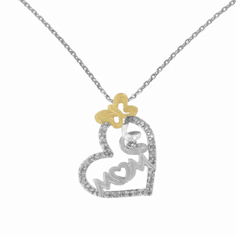 Two Tone Sterling Silver 1/5 carat Total Diamond Weight Diamond "Mom" and Heart Pendant Necklace