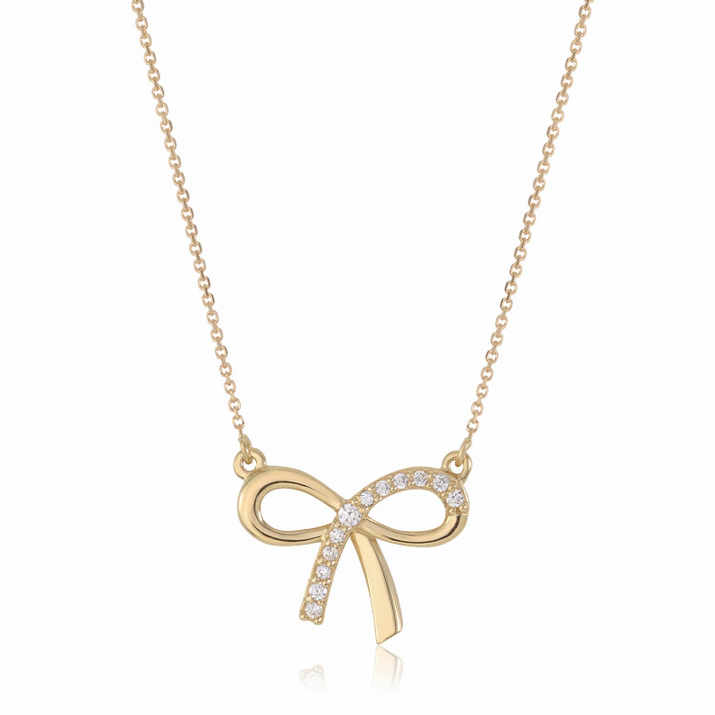 Bow Pendant Necklace in 14K Yellow or White Gold with CZ