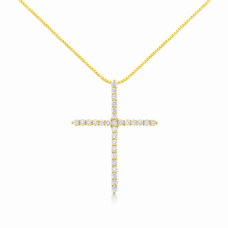 10 Karat Yellow Gold 3.00 Carat Total Weight Round-Cut Diamond Cross 18" Pendant Necklace