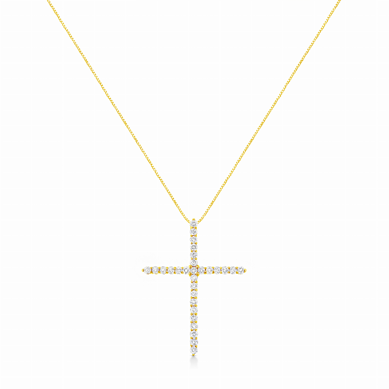 10 Karat Yellow Gold 3.00 Carat Total Weight Round-Cut Diamond Cross 18" Pendant Necklace