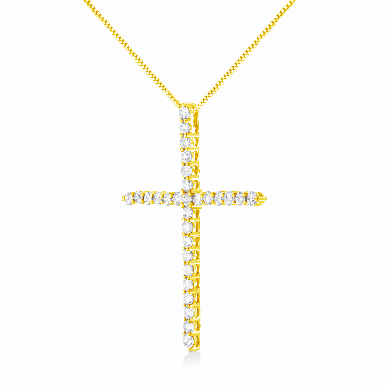 10 Karat Yellow Gold 3.00 Carat Total Weight Round-Cut Diamond Cross 18" Pendant Necklace