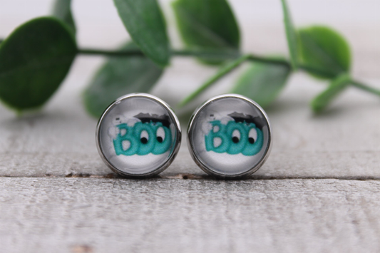 BOO Ghost Teal || Glass Stud Earrings || Hypoallergenic