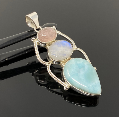 Larimar Gemstone Pendant with Morganite and Moonstone , Wire Wrapped Pendant, Silver Jewelry Gifts for Her, Bohemian Jewelry