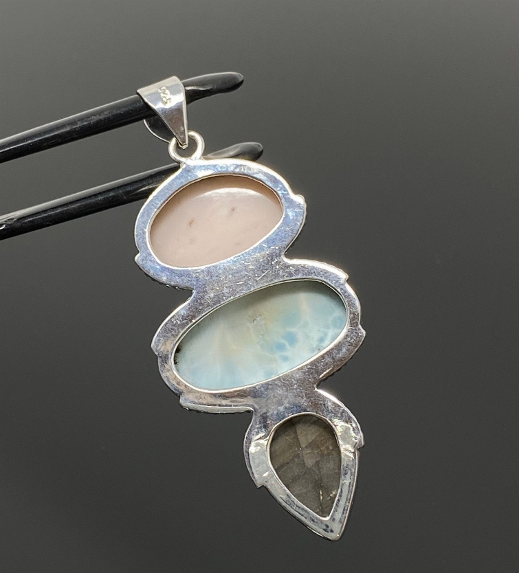 Gemstone Pendant - Larimar, Pink Opal and Labradorite , Wire Wrapped Pendant, Silver Jewelry Gifts for Her, Bohemian Jewelry