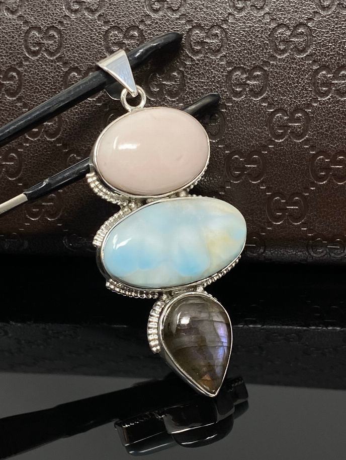 Gemstone Pendant - Larimar, Pink Opal and Labradorite , Wire Wrapped Pendant, Silver Jewelry Gifts for Her, Bohemian Jewelry