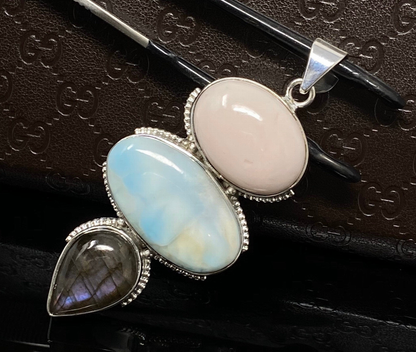 Gemstone Pendant - Larimar, Pink Opal and Labradorite , Wire Wrapped Pendant, Silver Jewelry Gifts for Her, Bohemian Jewelry