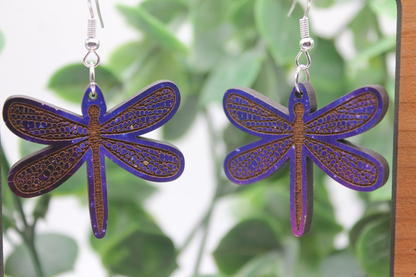 Galaxy Dragon Flies Wood Dangle Earrings