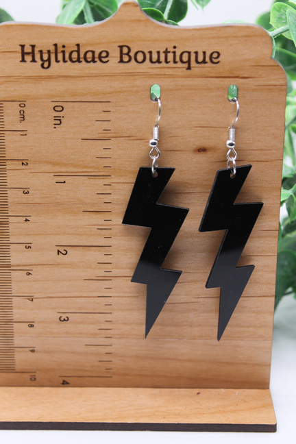 Glossy Black Lightning Bolts || Acrylic Dangle Earrings || Hypoallergenic