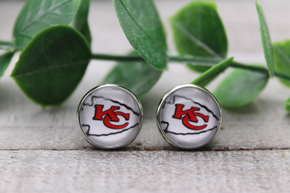 KC Chiefs White | Glass Stud Earrings | Hypoallergenic