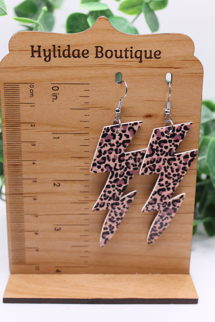 Leopard Lightning Bolts || Faux Leather Dangle Earrings || Hypoallergenic