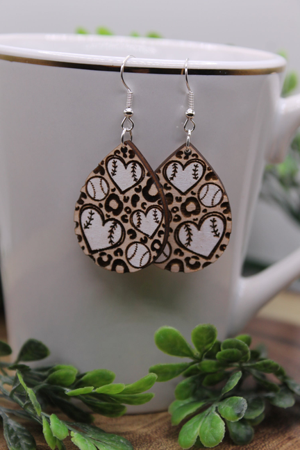 Baseball & Leopard Teardrop || Wood Dangle Earrings || Hypoallergenic