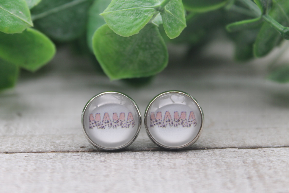 MAMA Pink & Animal Print  Glass Stud Earrings