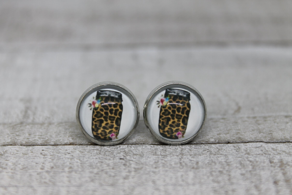 Mason Jar, Leopard  Glass Stud Earrings