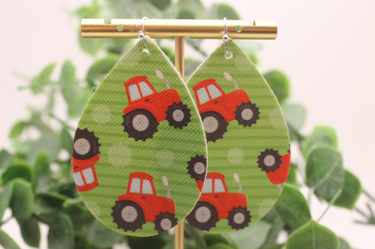 Tractors on Green Teardrop Faux Leather Earrings | Hypoallergenic