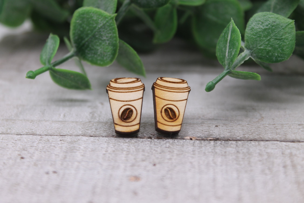 Coffee Cup with Coffee Bean  Wood Stud Earrings