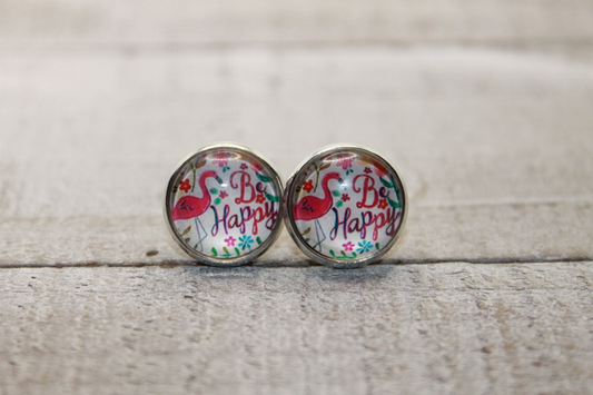 Be Happy Pink Flamingo  Glass Stud Earrings