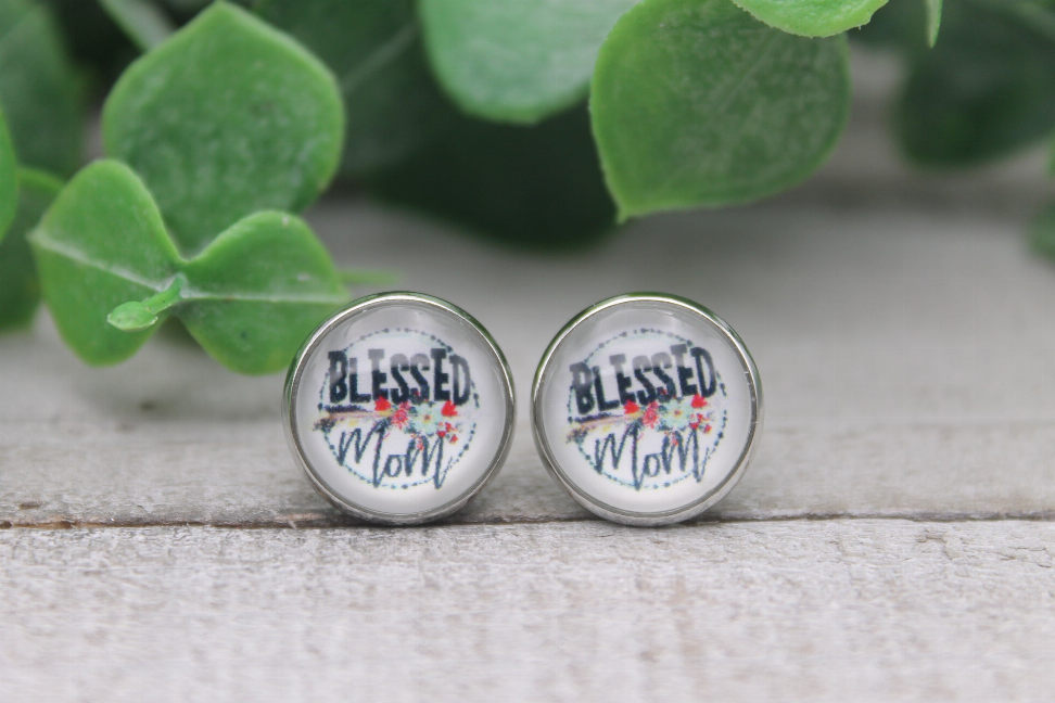 Blessed Mom Floral  Glass Stud Earrings