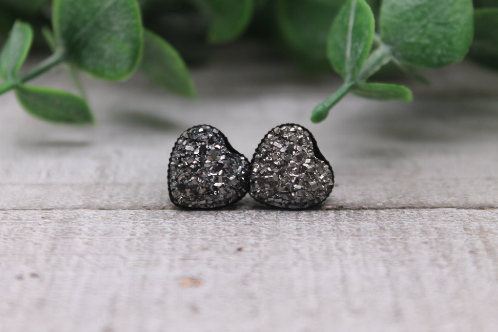 Gunmetal Heart  Druzy Stud Earrings