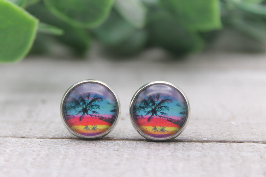 Sunset Palm Trees Glass Stud Earrings