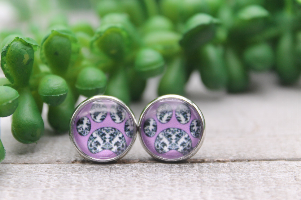 Damask Paw Print || Glass Stud Earrings || Hypoallergenic