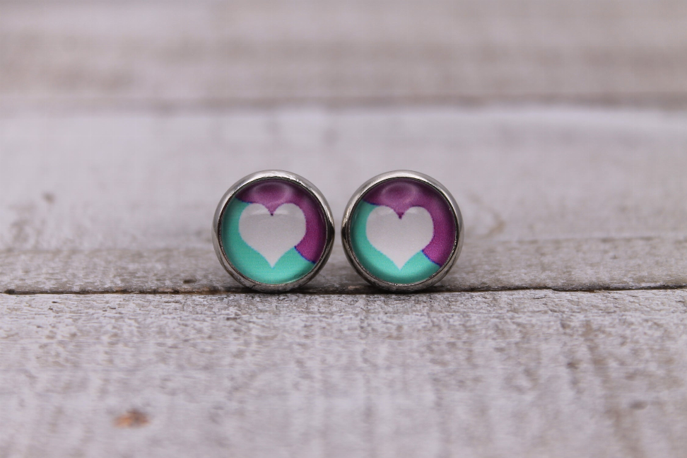 Purple & Teal Heart  Glass Stud Earrings **MINI**