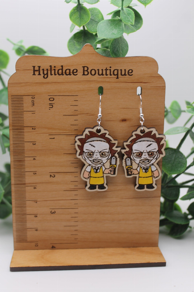 Leather Face || Wood Dangle Earrings || Hypoallergenic