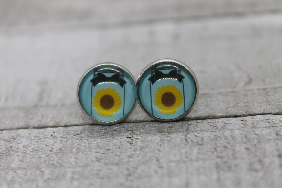 Sunflower Mason Jar  Glass Stud Earrings