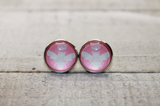 Queen Bee on Pink  Glass Stud Earrings