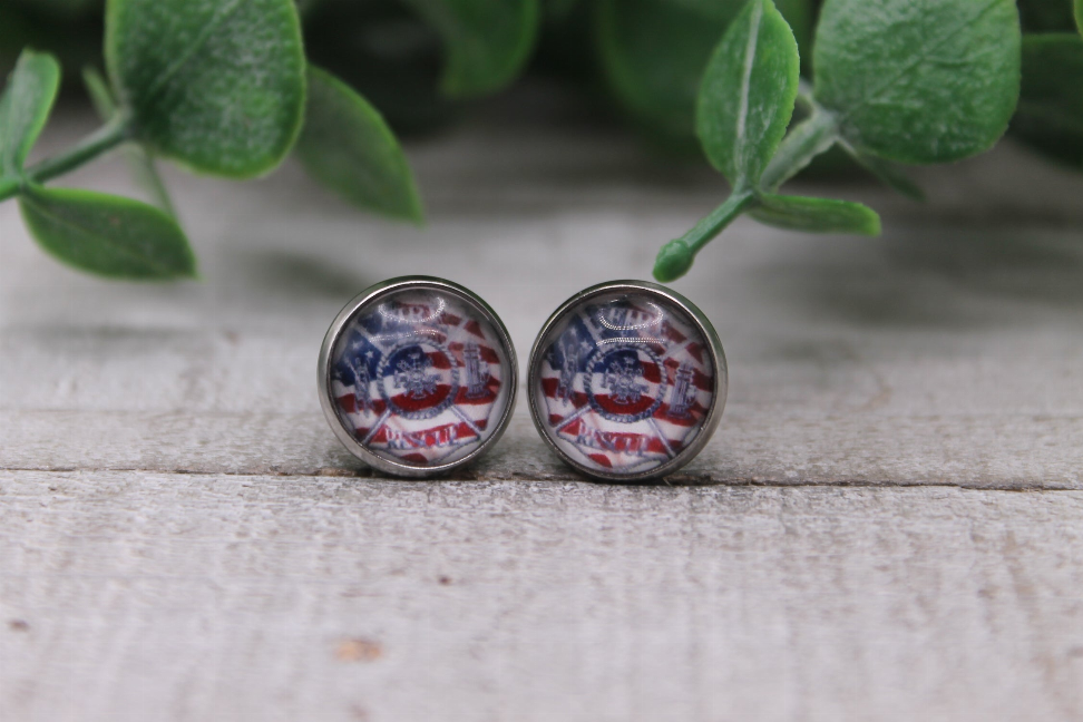 Fire Dept on Flag  Glass Stud Earrings