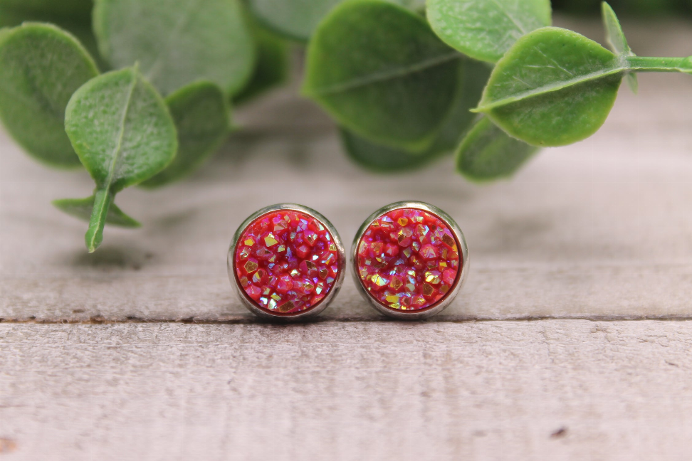 Glitz Red Mini Druzy Stud Earrings