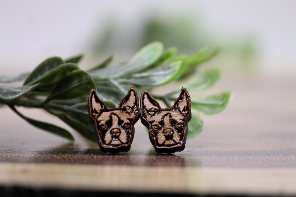 Boston Terrier Dog Breed || Wood Stud Earrings || Hypoallergenic