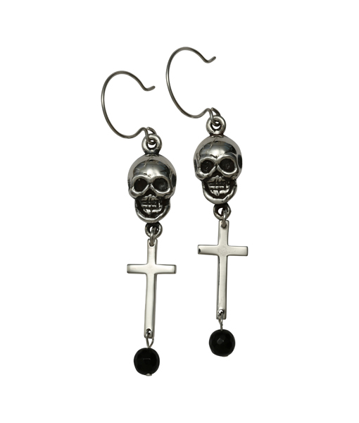 Skull With Cross Onyx Earrings