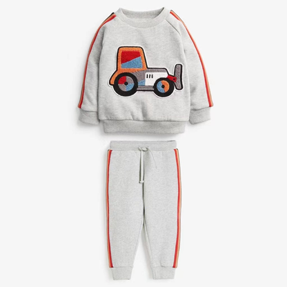 Baby Boy Cartoon Truck Pattern Side Striped Design Hoodie & Trousers Warm Sets