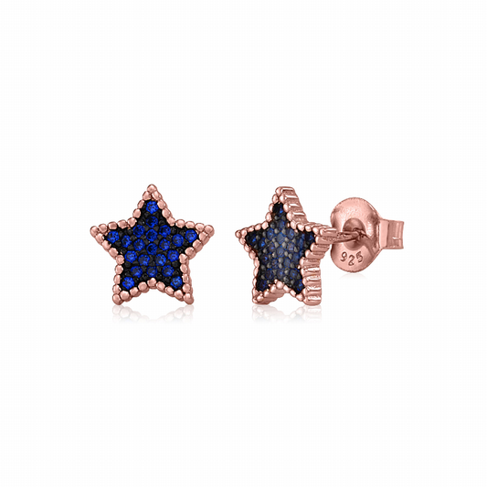 MASSETE Sterling Silver 925 Rose Gold Plated Star Beaded Pave CZ Stud Post Earrings