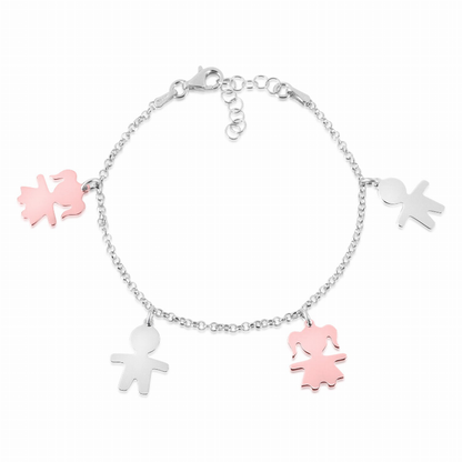 Sterling Silver High Polished Bicolor Rose Gold Plated Girl Boy Silhouette Figure Charm Bracelet