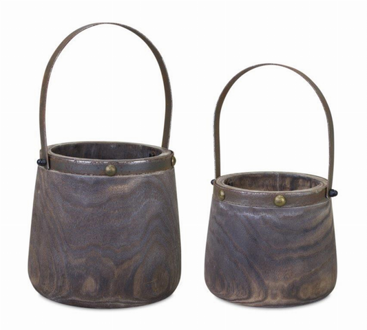 Pail (Set of 2) 7.5"D x 11.75"H, 9"D x 14"H Wood/Steel