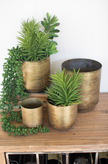 Set Of Four Metal Aged Brass Flower Pots