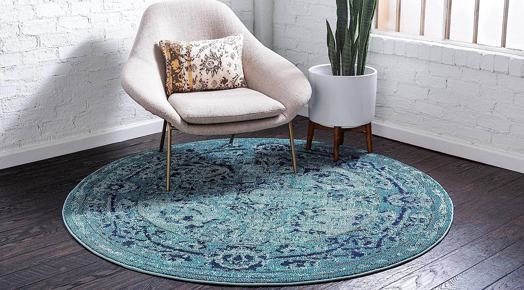 6x6 Feet Round Blue Traditional Vintage Floral Area Rug