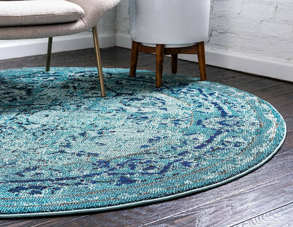 6x6 Feet Round Blue Traditional Vintage Floral Area Rug