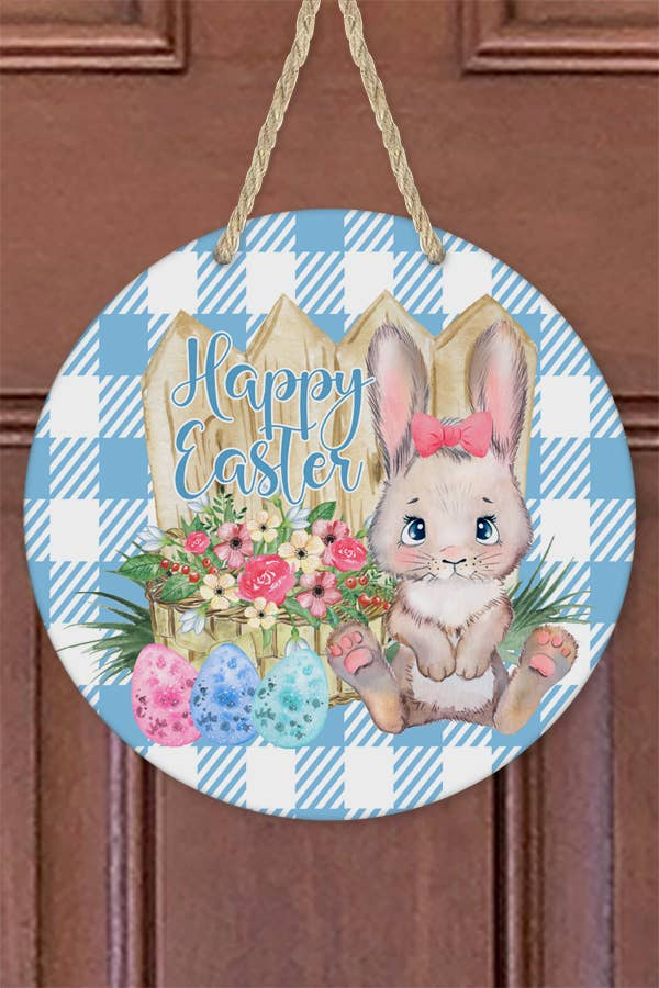 Happy Easter Home Decor Blue Plaid Bunny Eggs Door Hanger