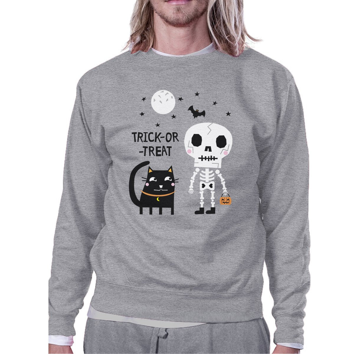 Trick-Or-Treat Skeleton Black Cat Grey SweatShirt