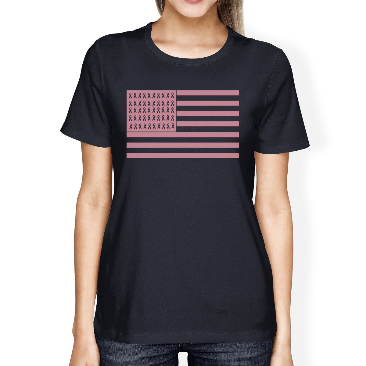 Breast Cancer Awareness Pink Flag Womens Navy Shirt