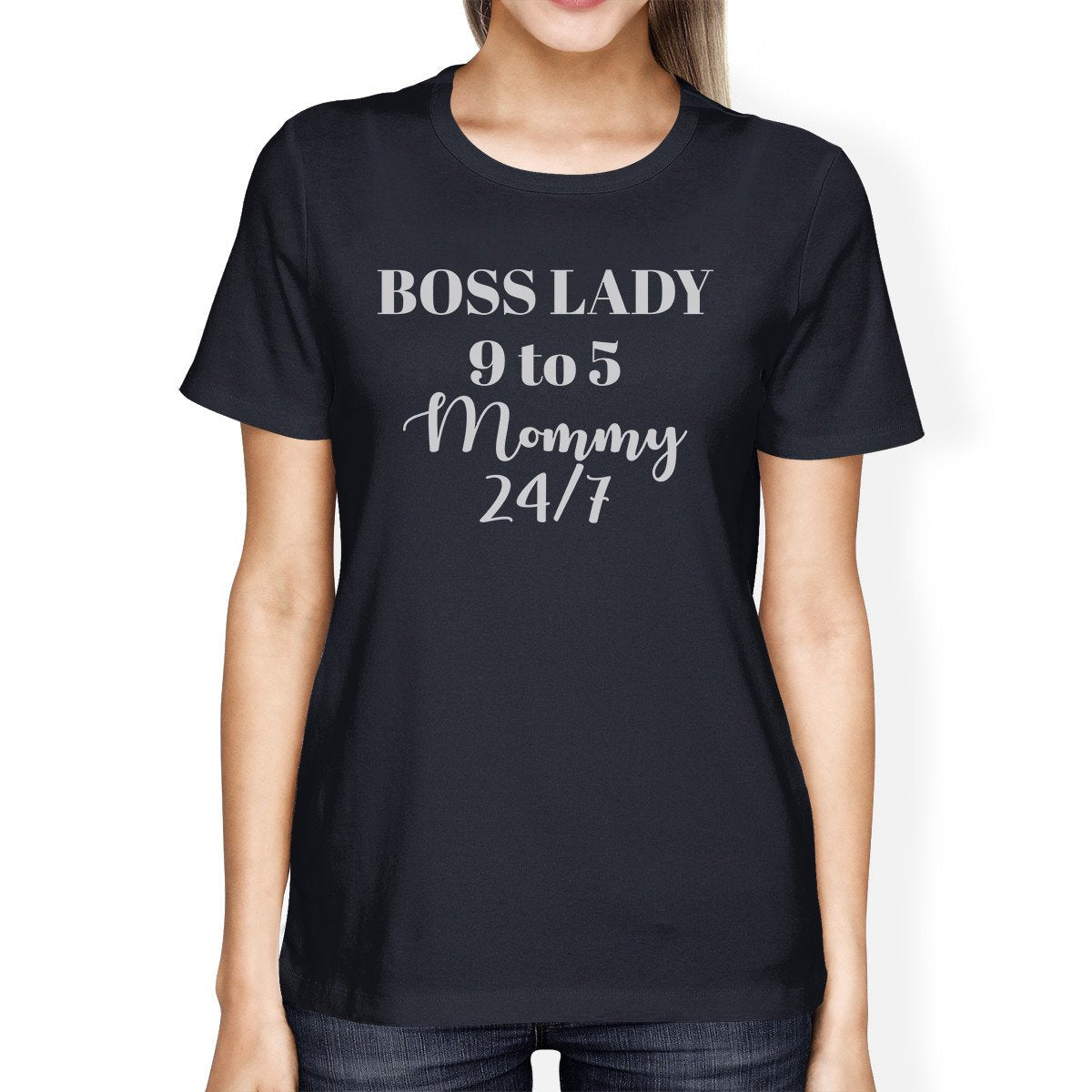 Boss Lady Mommy Women's Navy Cotton Graphic Tee Witty Gift For Wife