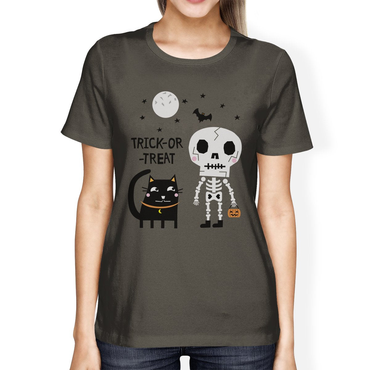 Trick-Or-Treat Skeleton Black Cat Womens Dark Grey Shirt