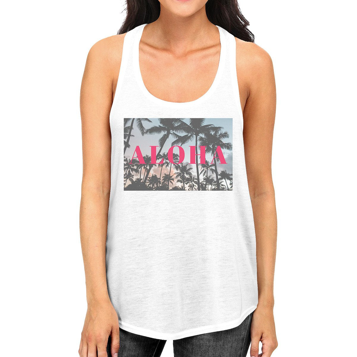 Aloha Summer Beach Sunset Womens White Cotton Racerback Tank Top