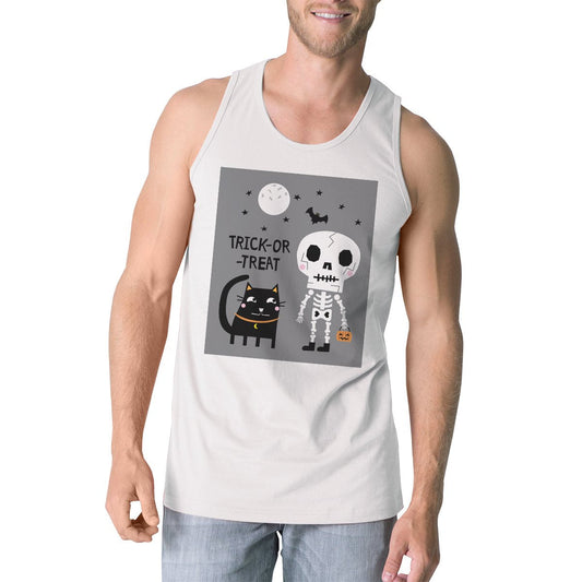 Trick-Or-Treat Skeleton Black Cat Mens White Tank Top